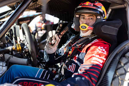 Nani Roma in Red Bull racing gear during Dakar Rally 2025 stage in Saudi Arabia