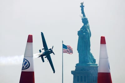 Hannes Arch in action on the Hudson River during the Red Bull Air Race New York Qualifying Day on June 19, 2010 in New Jersey.