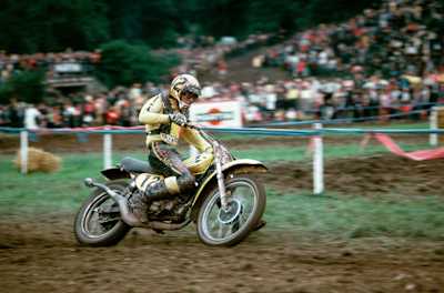 Five-time world motocross champion Roger De Coster in action during a Motocross Grand Prix race.