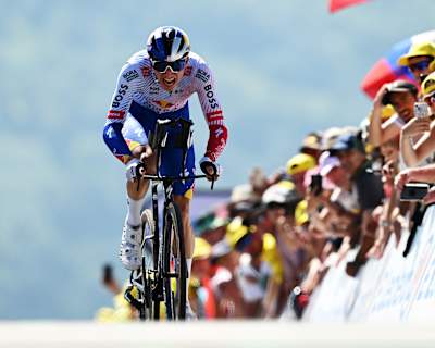 Florian Lipowitz from the Red Bull - BORA - hansgrohe team races to the finish line in the individual time trial from Loudenvielle to Peyragudes, France, on stage 13 of the Tour de France 2025.