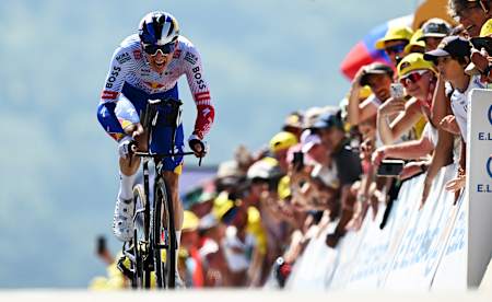Florian Lipowitz from the Red Bull - BORA - hansgrohe team races to the finish line in the individual time trial from Loudenvielle to Peyragudes, France, on stage 13 of the Tour de France 2025.