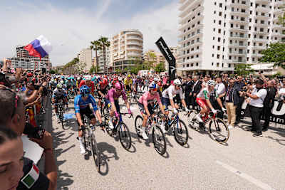 The riders in the four coloured jerseys at the start of stage 3 of the Giro d’Italia in Albania. 