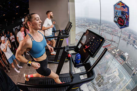 Participants running at the Red Bull 24 hours running event in Karlatornet, Göteborg, Sweden on the 8-9th of March 2025.