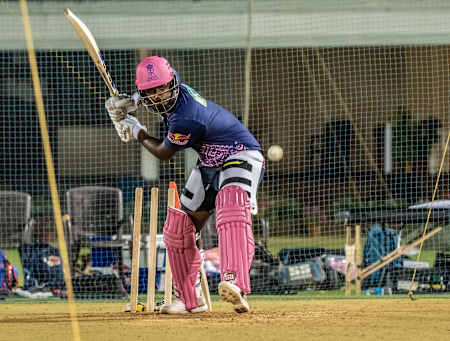 Sanju Samson bats during a net session while training for Rajasthan Royals.