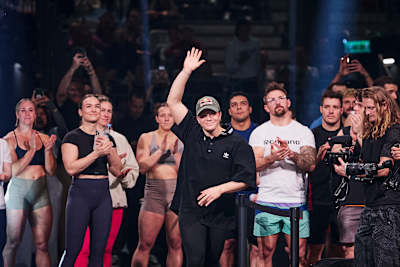 Laura Horváth and fellow competitors celebrate at the World Fitness Project Final in Copenhagen, Denmark on December 21, 2025.
