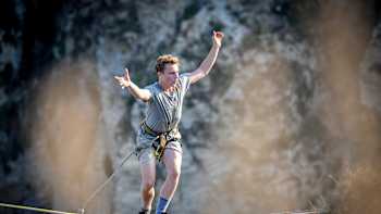 Slackliner Alex Mason highlines the Raouche Rock in Beirut, Lebanon on September 20, 2017