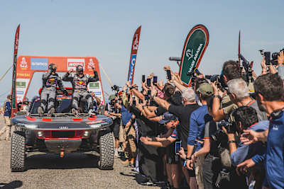 Carlos Sainz for Team Audi Sport seen at the finish line during Stage 12 of Rally Dakar 2024 from YANBU to YANBU, Saudi Arabia on January 19, 2024.