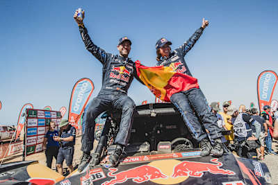 Cristina Gutierrez Herrero (ESP) and Pablo Moreno Huete (ESP)for Red Bull Can-Am Factory Racing  at the finish line stage 12 of Rally Dakar 2024 from YANBU to YANBU, Saudi Arabia on January 19, 2024.