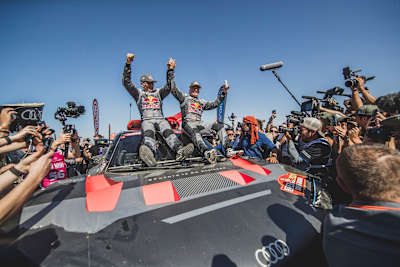 Carlos Sainz (ESP) for Team Audi Sport seen at the finish line during stage 12 of Rally Dakar 2024 from YANBU to YANBU, Saudi Arabia on January 19, 2024.