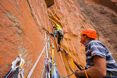 David Lama and Conrad Anker climbing at Zion National Park, USA on May 12, 2015.