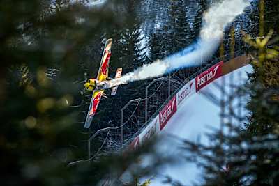 Dario Costa flies his plane down the Streif downhill ski course in Kitzbühel, Austria on January 18, 2025.