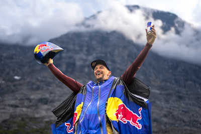 Peter Salzmann celebrates the world record BASE jump.