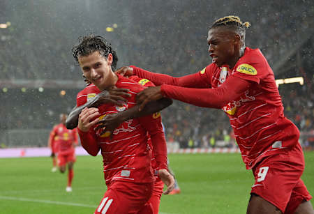 Brenden Aaronson fires his team to a 2-1 win against Barcelona in August 2021.