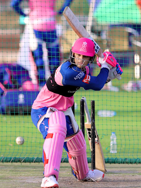 Indian cricketer Riyan Parag plays a shot during a net training session.