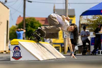 A competitor competes at a Red Bull skateboarding contest.