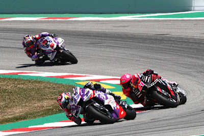 Jorge Martín passes Aleix Espargaró with team-mate Johann Zarco close behind at the 2022 MotoGP™ of Catalunya.