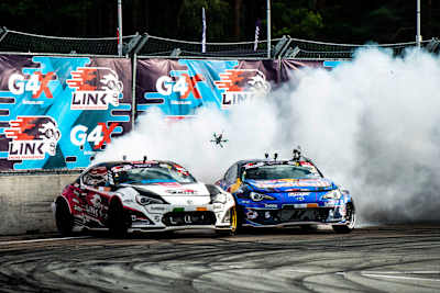 Jack Shanahan and Conor Shanahan performing during the European Drift Masters championship, round 3, in Riga, Latvia on July 31, 2021.