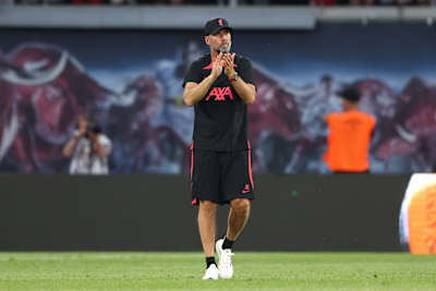 Jürgen Klopp applauds the Liverpool fans after a pre-season friendly match between RB Leipzig and Liverpool at Red Bull Arena.