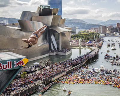 Orlando Duque of Colombia dives during the eighth and final stop of the Red Bull Cliff Diving World Series, Bilbao, Spain on September 26, 2015. 