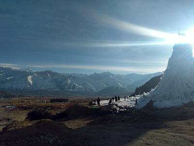 An image of a man-made ice structure in the Himalayas, made by the Ice Stupa Project.