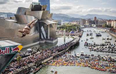 Orlando Duque of Colombia dives during the eighth and final stop of the Red Bull Cliff Diving World Series, Bilbao, Spain on September 26, 2015. 