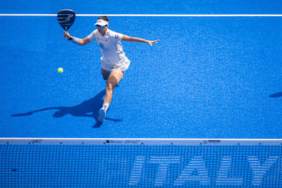 Delfina Brea Senesi of Argentina in action during the BNL Italy Major Premier Padel semi-final match held at the Foro Italico in Rome, Italy on June 6, 2026.