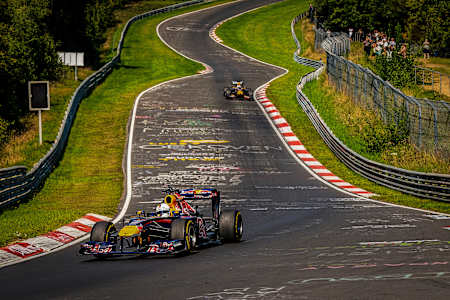 Sebastian Vettel in a Red Bull RB 7, David Coulthard in a Red Bull RB 8 seen during the Red Bull Formula Nürburgringg 2023