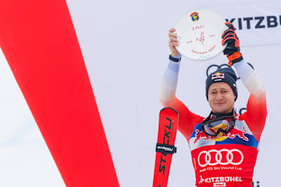 In Kitzbühel, Austria, a tearful Marco Odermatt celebrates his 2nd-placel finish at the legendary Hahnenkamm Race in the 2025-2026 Alpine Ski World Cup season.