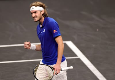 Stefanos Tsitsipas of Team Europe celebrates match point against Nick Kyrgios of Team World during the Laver Cup at TD Garden on September 25, 2021 in Boston, Massachusetts.