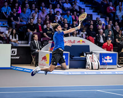 Stefanos Tsitsipas plays tennis at the Erste Bank Open ATP Tournament in Vienna, Austria on October 24, 2023.