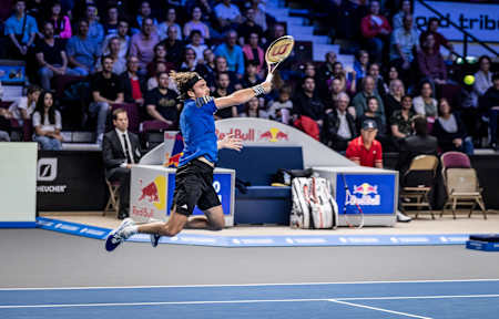 Stefanos Tsitsipas plays tennis at the Erste Bank Open ATP Tournament in Vienna, Austria on October 24, 2023.