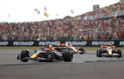 Max Verstappen of the Netherlands driving the (1) Oracle Red Bull Racing RB19 at the F1 Grand Prix of Great Britain at Silverstone Circuit on July 9, 2023 in Northampton, England.