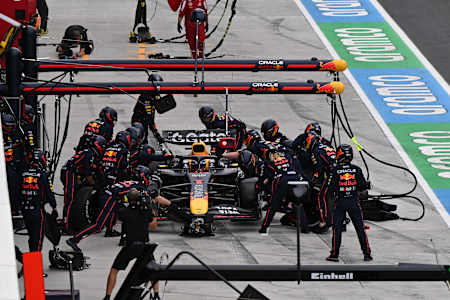 Max Verstappen driving the (1) Oracle Red Bull Racing RB21 makes a pitstop during the F1 Grand Prix of Hungary at Hungaroring on August 03, 2025