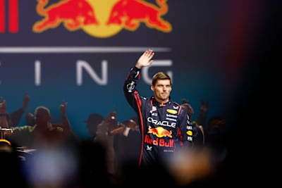 Max Verstappen of the Netherlands and Oracle Red Bull Racing waves to the crowd from the stage during F1 75 Live at The O2 Arena on February 18, 2025 in London, England. 