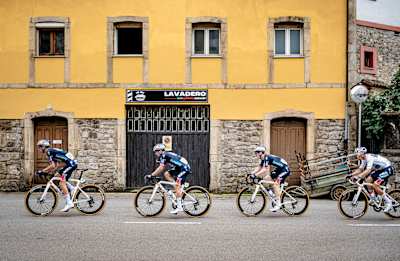 Red Bull - BORA - hansgrohe riders cycle through Spain during stage 16 from Luanco to Lagos de Covadonga in the 79th La Vuelta Ciclista a España on 3 September 2024
