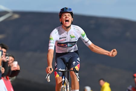Giulio Pellizzari, de l'équipe Red Bull - BORA - hansgrohe, célèbre sa victoire à l'arrivée de la 17e étape de La Vuelta en 2025.