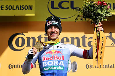 Remco Evenepoel of Team Red Bull - BORA - hansgrohe celebrates his stage victory at the Tour de France