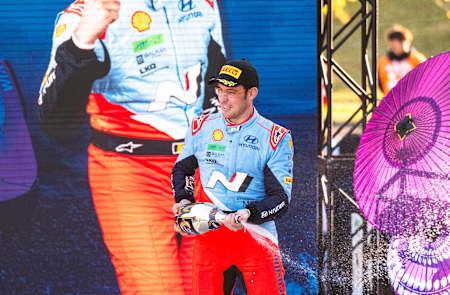 Thierry Neuville celebrates winning the FIA World Rally Drivers title at the final round the FIA World rally Championship in Toyota City, Japan on 24.11.2024