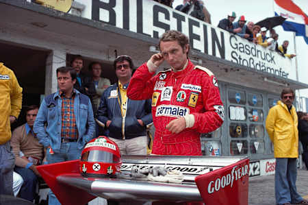 Niki Lauda pictured in the pits moments before his horrific accident at the 1976 German GP.