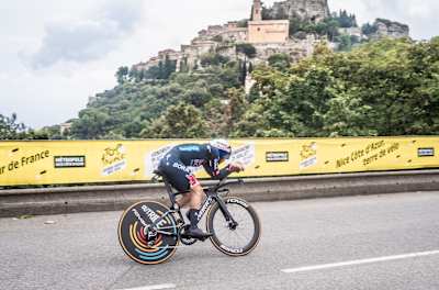 Matteo Sobrero in action during the time trial of the Tour de France 2024, on the Côte d'Azur, near the village of Èze.