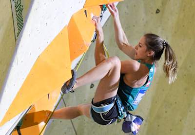 Jessica Pilz (AUT) performing at the IFSC Climbing World Cup 2022 in Innsbruck, Austria, on June 26th, 2022.