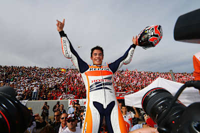 Marc Marquez (ESP/ Honda) celebrates after winning the championship during the Moto Grand Prix 2013 at the Circuit de la Comunitat Valenciana in Valencia, Spain on November 10th, 2013