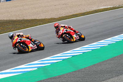 Honda riders Pol Espargaró and Marc Márquez on track during the MotoGP Spanish Grand Prix in Jerez on May 2, 2021.