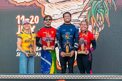Molly Picklum of Australia, Yago Dora of Brazil, Connor O’Leary of Japan and Gabriela Bryan of Hawaii after the Final  at the Corona Cero Open J-Bay on July 18, 2025