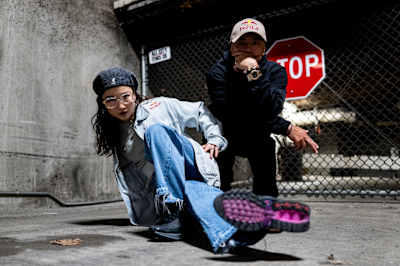 B-Boy Taisuke (R) and B-Girl Ami (L) of Japan pose for a portrait prior to Red Bull Lords of the Floor in Seattle, USA on April 4, 2024. 