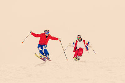 Viktoria Rebensburg and Bene Mayr ski a mogul line during the Generations of Freeskiing shoot at Stubai Glacier on May 18, 2016.