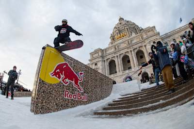 LJ Henriquez showcases an epic slide on the ledge during Red Bull Heavy Metal, Saint Paul, Minnesota, USA, February 2025.
