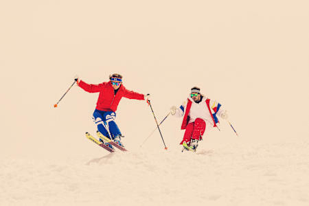 Viktoria Rebensburg and Bene Mayr ski a mogul line during the Generations of Freeskiing shoot at Stubai Glacier on May 18, 2016.