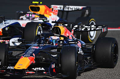Max Verstappen leads Liam Lawson on track during day two of F1 Testing at Bahrain International Circuit on February 19, 2026 in Bahrain