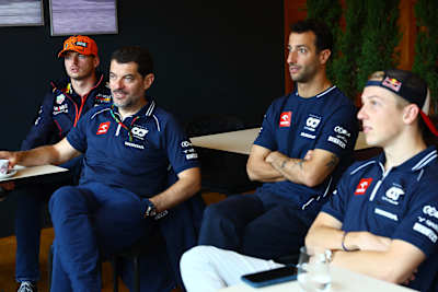 Max Verstappen, Guillaume Rocquelin, Head of Driver Academy at Red Bull Racing, Daniel Ricciardo and Liam Lawson of New Zealand at the F1 Grand Prix of Belgium on July 29, 2023 in Spa, Belgium.